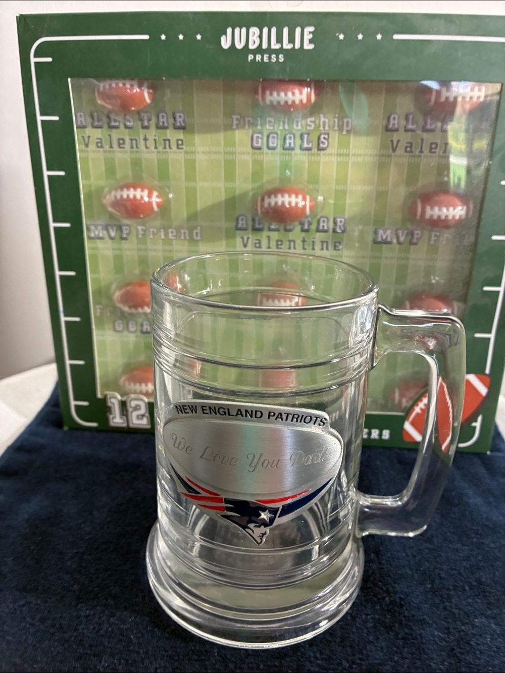 New England Patriots Clear Glass Mug "We Love You Dad"